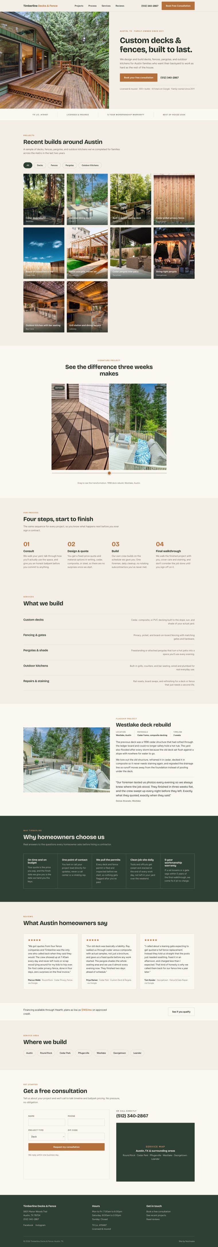 Timberline Decks and Fence website, a warm layout with project photography, service pages, and a quote request section.