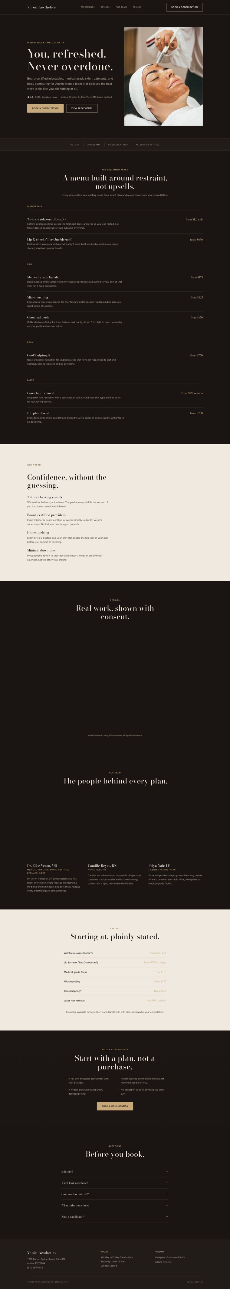 Verón Aesthetics medical spa website, a calm editorial layout with soft imagery, service pages, and a booking call to action.